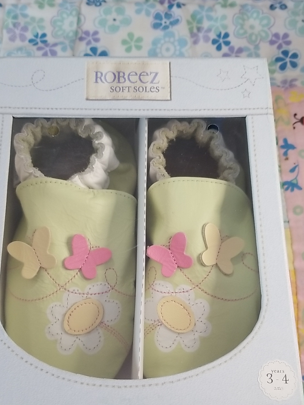 Robeez Light Green Leather Soft Soles w/Pink & Yellow Butterflies 3-4 Years